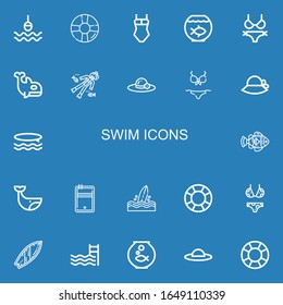 Editable 22 swim icons for web and mobile. Set of swim line icons including: Buoy, Lifesaver, Swimsuit, Fish bowl, Bikini, Orca, Scuba diving, Pamela, Surf, Clown fish on blue background