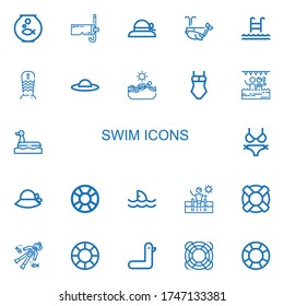 Editable 22 swim icons for web and mobile. Set of swim included icons line Fishbowl, Diving mask, Pamela, Whale, Swim, Surfboard, Swimming, Swimsuit, Pool on white background