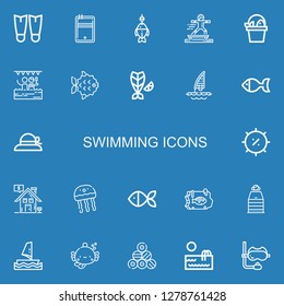Editable 22 swimming icons for web and mobile. Set of swimming included icons line Fins, Pool, Fish, Sport, Windsurf, Pamela, Summer, Real estate, Jellyfish on blue background