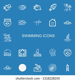 Editable 22 swimming icons for web and mobile. Set of swimming included icons line Anglerfish, Fish, Summer, Fish bowl, Yoga, Real estate, Pamela, Windsurf on blue background