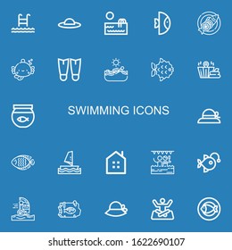 Editable 22 swimming icons for web and mobile. Set of swimming included icons line Swim, Pamela, Swimming pool, Fish, Fins, Sauna, Fish bowl, Windsurf on blue background