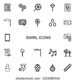 Editable 22 swirl icons for web and mobile. Set of swirl included icons line Certificate, Lollipop, Mustache, Candies, Candy, Carpet, Music notes, Wind, Tornado on white background