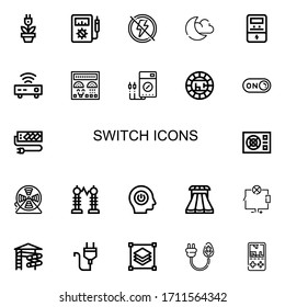 Editable 22 switch icons for web and mobile. Set of switch included icons line Plug, Voltmeter, Electricity, Night mode, Router, Control panel, Electric, Switch on on white background