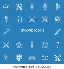 Editable 22 sword icons for web and mobile. Set of sword included icons line Pirate, Weapons, Sword, Tattoo, Mace, Weapon, Swords, Shuriken, Spears, Kraken on blue background