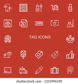 Editable 22 tag icons for web and mobile. Set of tag included icons line Online store, Helipad, Ink, Luggage, Suitcase, Css, Js, Barcode, Recommendation, Price on red background