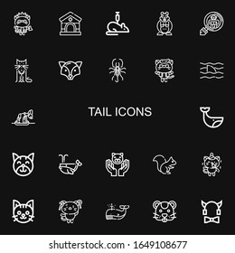 Editable 22 tail icons for web and mobile. Set of tail included icons line Kitty, Veterinary, Rat, Hamster, Cryptozoology, Cat, Fox, Scorpion, Shark, Whale on black background