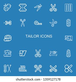 Editable 22 tailor icons for web and mobile. Set of tailor included icons line Knitting, Leather, Shears, Scissors, Stitches, Measuring tape, Thread, Sewing machine on blue background