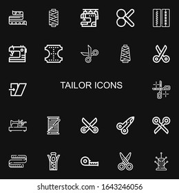 Editable 22 tailor icons for web and mobile. Set of tailor included icons line Measuring tape, Thread, Sewing machine, Cut, Stitches, Sewing, Leather, Scissors on black background