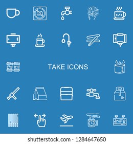 Editable 22 take icons for web and mobile. Set of take included icons line Coffee cup, No photo, Tap, Selfie stick, Faucet, Stick, Cup, Baton, Take away, Ice box on blue background