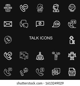 Editable 22 talk icons for web and mobile. Set of talk included icons line Smartphone, Emergency call, Call center, Operator, Message, Chat, Phone call, Phone on black background