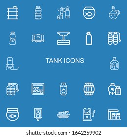 Editable 22 tank icons for web and mobile. Set of tank included icons line Barrel, Oil, Heater, Fish bowl, Tank, Geyser, Oxygen, Oxygen Aquarium, Gas on blue background