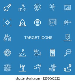 Editable 22 target icons for web and mobile. Set of target included icons line Keyword, Startup, Path, Terror, Marketing, Focus, Target, Influencer, Paintball on blue background