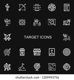 Editable 22 target icons for web and mobile. Set of target included icons line Paintball, Archery, Strategy, Radar, Tracking, Target, Seo, Darts, Market, Influencer on black background