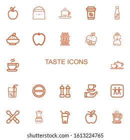 Editable 22 taste icons for web and mobile. Set of taste included icons line Apple, Coffee, Drink, Porridge, Drinks, Coffee pot, Salt, Drumsticks on white background