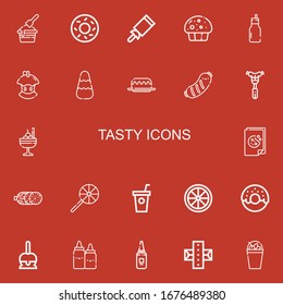 Editable 22 tasty icons for web and mobile. Set of tasty included icons line Ice cream, Bagel, Candy, Muffin, Milkshake, Bitten apple, Cake, Sausage, Cookie on red background
