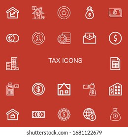 Editable 22 tax icons for web and mobile. Set of tax included icons line Amount, Real estate, Coin, Money bag, Cash, Euro, Bill, Invoice, Tax, office, Dollar on red background