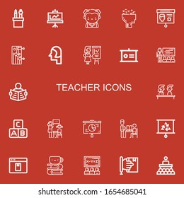 Editable 22 iconos de profesores para web y móvil. El conjunto de profesores incluye iconos línea Caso de lápiz, Presentación, Estudiante, Aprendizaje, Formación, Profesor, Lectura, Abc, Lección sobre fondo rojo