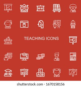 Bearbeitbar 22 Lehrsymbole für Web und Mobile. Unterrichtssatz inklusive Symbole Unterrichtsstunde Präsentation, Schule, Bibliothek, Lehrer, E-Learning, Student, Bildung, Buchmappe auf rotem Hintergrund
