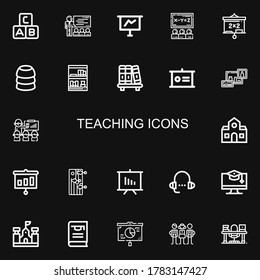 Editable 22 teaching icons for web and mobile. Set of teaching included icons line Abc, Teacher, Presentation, Class, Blackboard, Training, Bookcase, Bookshelf on black background