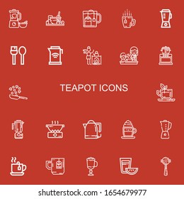 Editable 22 teapot icons for web and mobile. Set of teapot included icons line Blender, Cooking, Tea, Utensils, Kettle, Cappuccino, Espresso on red background