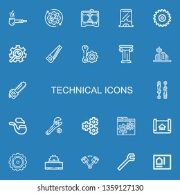 Editable 22 technical icons for web and mobile. Set of technical included icons line Pipe, Setup, d printers, Saw, Setting, Architecture, Piston, Wrench, Gear on blue background