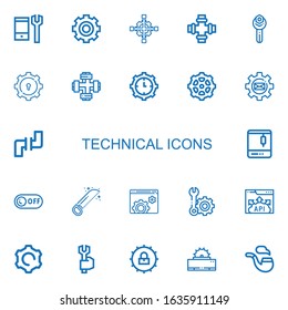 Editable 22 technical icons for web and mobile. Set of technical included icons line Configuration, Settings, Cross wrench, Pipe, Wrench, Gear, Pipes, d printer on white background