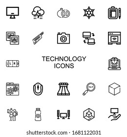 Editable 22 iconos de tecnología para web y móvil. Conjunto de tecnología incluye iconos línea Monitor, Storm, Grenade, Graphene, Schedule, Photo, Keytar, cámara fotográfica sobre fondo blanco