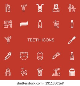 Editable 22 teeth icons for web and mobile. Set of teeth included icons line Toothpaste, Dentist, Zipper, Veterinarian, Comb, d printing pen, Tiger, Fangs, Grandmother on red background