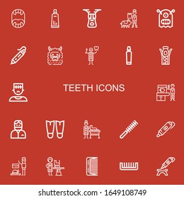 Editable 22 teeth icons for web and mobile. Set of teeth  line icons including Fangs, Toothpaste, Zipper, Veterinarian, Monster, d printing pen, Dentist, Fins on red background