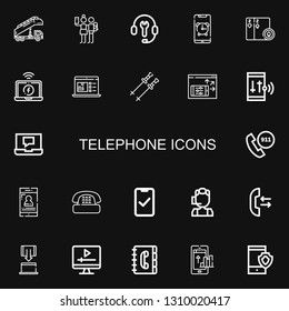 Editable 22 telephone icons for web and mobile. Set of telephone included icons line Stair truck, Selfie, Customer support, Smartphone, Cards, Laptop, Poles on black background