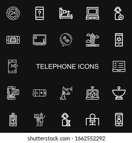Editable 22 telephone icons for web and mobile. Set of telephone included icons line Dial, Customer service, Electric telegraph, Laptop, Operator, Phone, Drawing tablet on black background