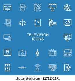 Editable 22 television icons for web and mobile. Set of television included icons line Video, Mobile, Communication, Billboard, Film reel, News, Contacts, Camcorder on blue background