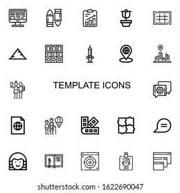 Editable 22 template icons for web and mobile. Set of template included icons line Computer, Bullet, File, Rose, Grid, Pyramid, Folders, Syringe, Placeholder on white background