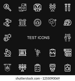 Editable 22 test icons for web and mobile. Set of test included icons line Research, Voltmeter, Lab coat, Tubes, Test tubes, Blood, Evaluate, Stethoscope, Tomography on black background