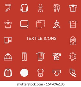 Editable 22 textile icons for web and mobile. Set of textile included icons line Tie, Sweatshirt, Clothes, Jacket, Shirt, Clothing, Towel, Tissue, Dress, Curtain on red background