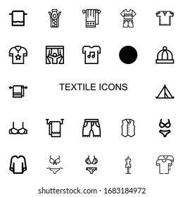 Editable 22 textile icons for web and mobile. Set of textile included icons line Towel, Zipper, Clothes, Tshirt, Shirt, Curtains, Baby hat, Tent, Brassiere on white background