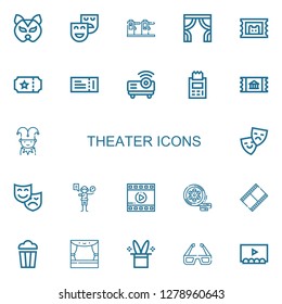 Editable 22 theater icons for web and mobile. Set of theater included icons line Mask, Theatre, Ticket, Curtains, Projector, Jester, Theater, Acting, Film on white background