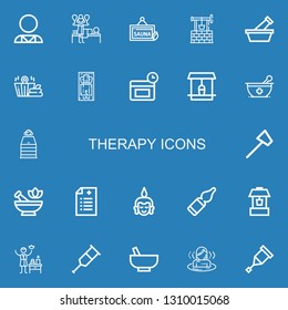 Editable 22 therapy icons for web and mobile. Set of therapy included icons line Psychologist, Massage, Sauna, Well, Mortar, Anti age, Reflex hammer, Prescription on blue background