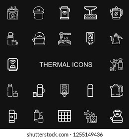Editable 22 thermal icons for web and mobile. Set of thermal included icons line Heater, Kettle, Geyser, Thermo, Water heater, Thermos, Roof on black background