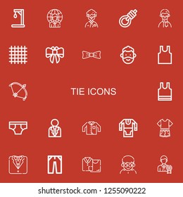 Editable 22 tie icons for web and mobile. Set of tie included icons line Gallow, Businessman, Man, Gallows, Cloth, Bow, Sleeveless, Underwear, Clothing, Tunic on red background