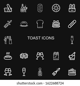 Editable 22 toast icons for web and mobile. Set of toast included icons line Bread, Champagne, Baguettes, Bagel, Bun, Toast, Pancake, Baguette, Champagne glass on black background