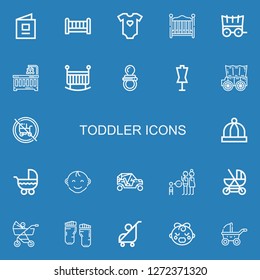 Editable 22 toddler icons for web and mobile. Set of toddler included icons line Baby book, Crib, Baby clothes, Baby bed, Carriage, Baby crib, Pacifier, Dummy on blue background