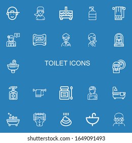 Editable 22 toilet icons for web and mobile. Set of toilet included icons line Boy, Girl, Sewing box, Soap, Towel, Man, Woman, Sink, Antiseptic, Bathtub, Bath on blue background