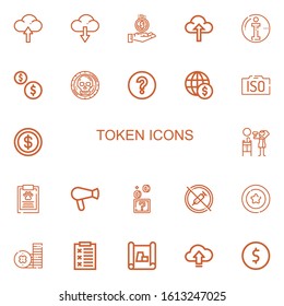 Editable 22 token icons for web and mobile. Set of token included icons line Upload, Download, Coin, Info, Coins, Question mark, Iso, Hair dryer, Report, No drugs on white background