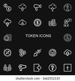 Editable 22 token icons for web and mobile. Set of token included icons line Coins, Download, Hair dryer, Upload, Info, Coin, Answer, No drugs, Logout, Question mark on black background