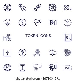 Editable 22 token icons for web and mobile. Set of token included icons line Coin, Coins, Download, No drugs, Subscript, Hair dryer, Info, Scheme, Question mark on white background