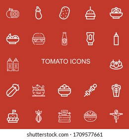Bearbeitbar 22 Tomatensymbole für Web und Mobile. Tomatensatz inklusive Ikonen Zeile Tomato, Eggpflanze, Potato, Burger, Salad, Ketchup, Sauce, Bitterballen, Courgette auf rotem Hintergrund