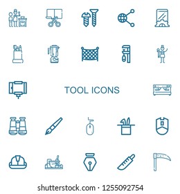 Editable 22 tool icons for web and mobile. Set of tool included icons line Cooking, Cut, Screw, Share, Setup, Pencil case, Blender, Fishing net, Clamp, Graphic designer on white background