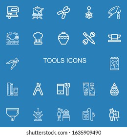 Editable 22 Tools Icons For Web And Mobile. Set Of Tools Included Icons Line Fretsaw, Easel, Pruning Shears, Belly Piercing, Trowel, Geology, Cooking, Pottery On Blue Background