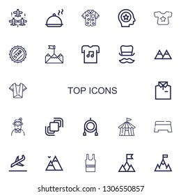 Editable 22 top icons for web and mobile. Set of top included icons line Aircraft, Salver, Shirt, Favorite, Bottle cap, Goal, Tshirt, Top hat, Mountains, Hipster on white background